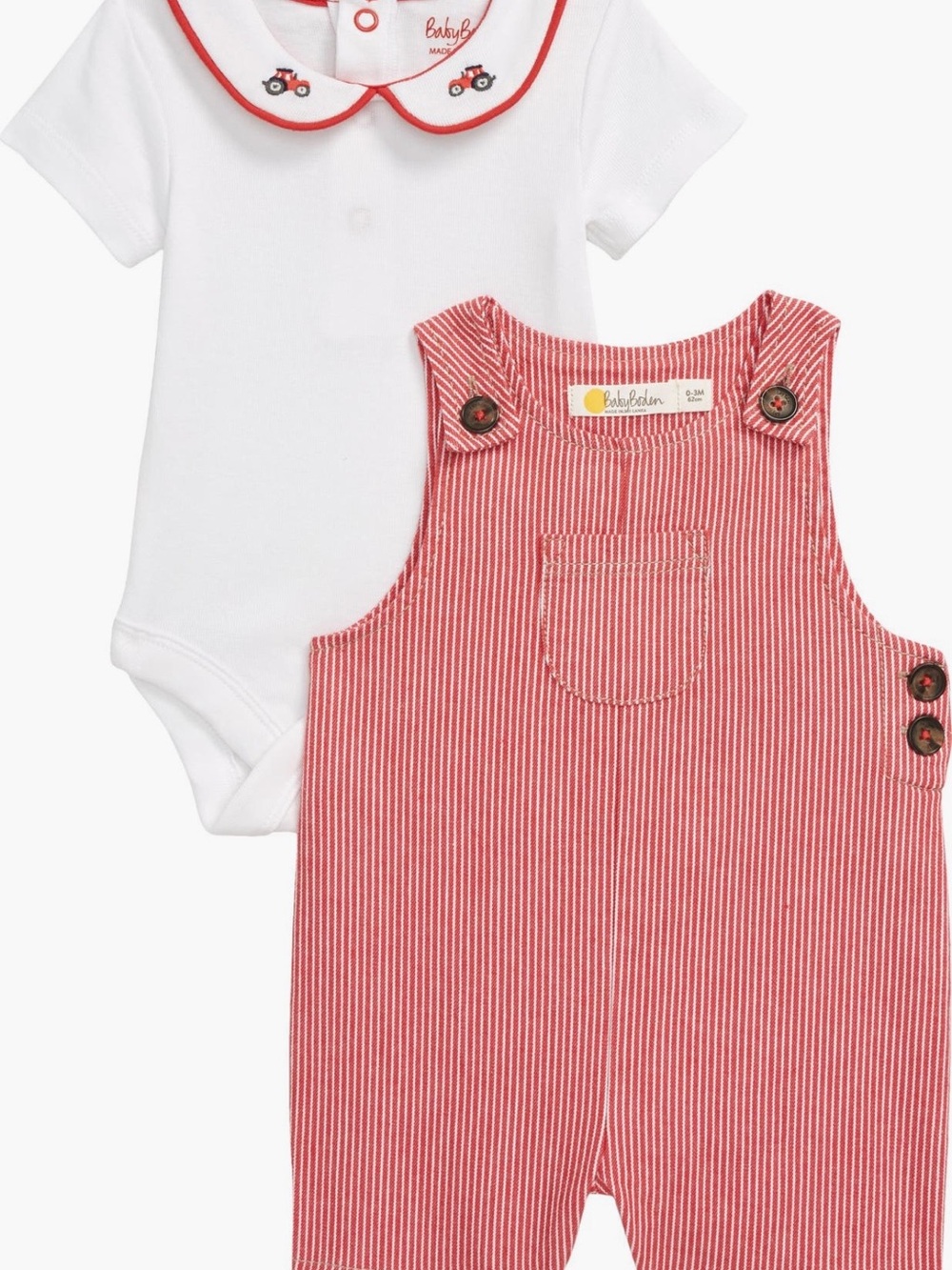 Mini Boden Baby Red Striped Overalls and White Bodysuit Set 18-24M